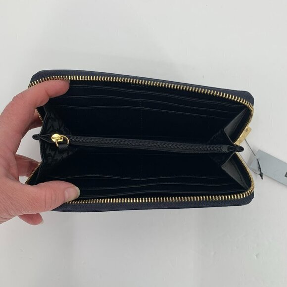 DKNY Donna Karan Lizard Leather Navy Blue Zipp Continental Wallet logo gold new - Picture 5 of 5
